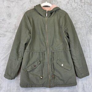 Guess Jacket Womens Small Green Hooded Parka Coat Faux Fur Lined Utility Zipper